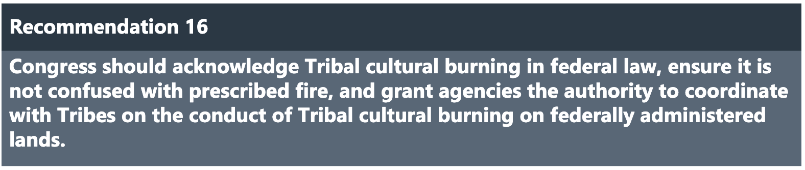 Recommendation 16: Federally acknowledge Tribal cultural burning, distinguish from prescribed fire, and enable agency-Tribe coordination on federal lands.