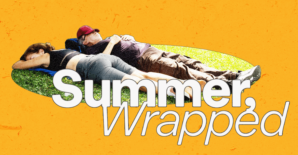 Two people nap on grass, overlaid with white text "Summer, Wrapped" on an orange background.