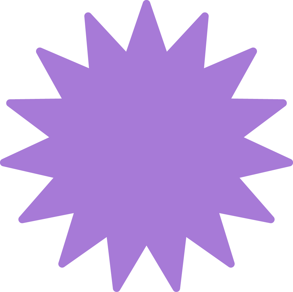 Rounded purple starburst shape on a green background.