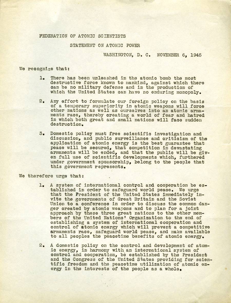 1945 Federation of Atomic Scientists statement on atomic power, urging international control.