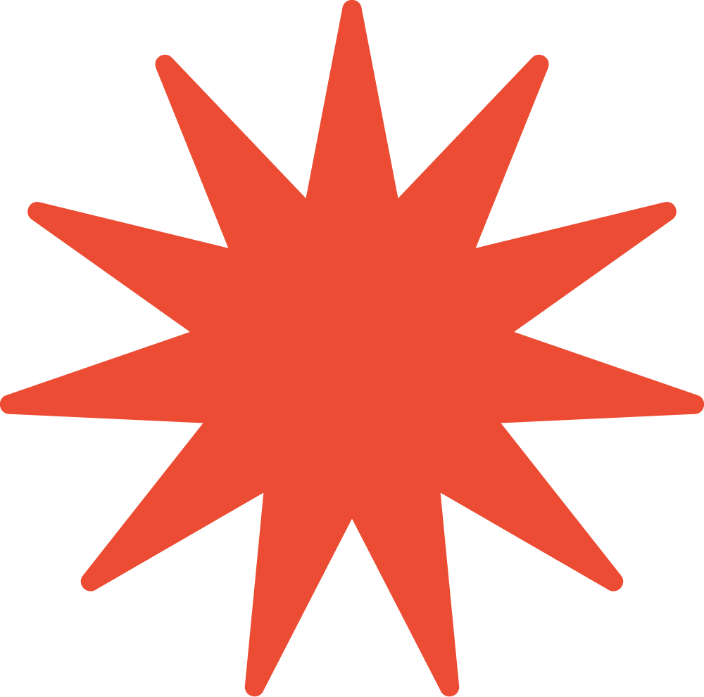 Red nine-point starburst on a dark green background.