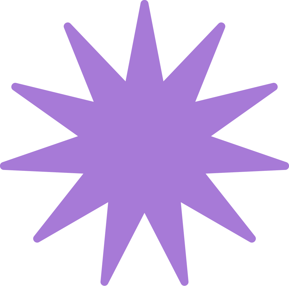 Purple 12-point starburst on green background.