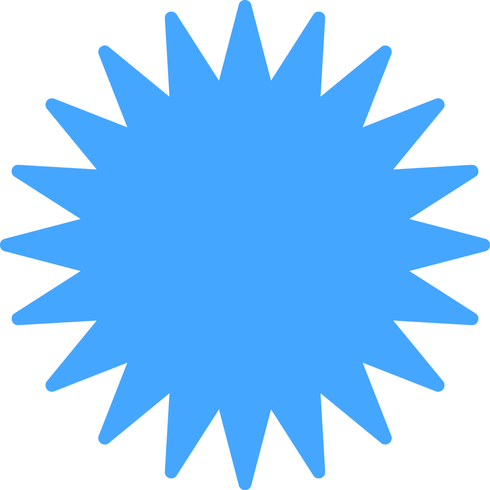 A blue starburst shape on a dark green background.
