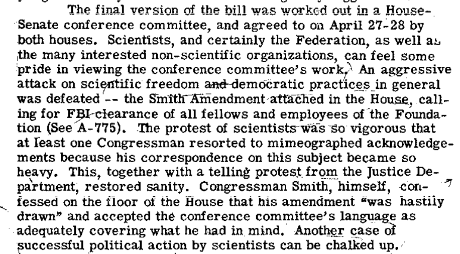 Text: Scientists' protests defeated the Smith Amendment, a victory for scientific freedom.