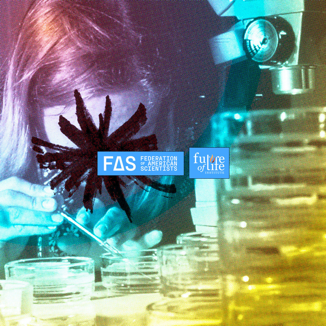 Scientist in lab with microscope & petri dishes. FAS & Future of Life Institute logos. Dark spiky form.