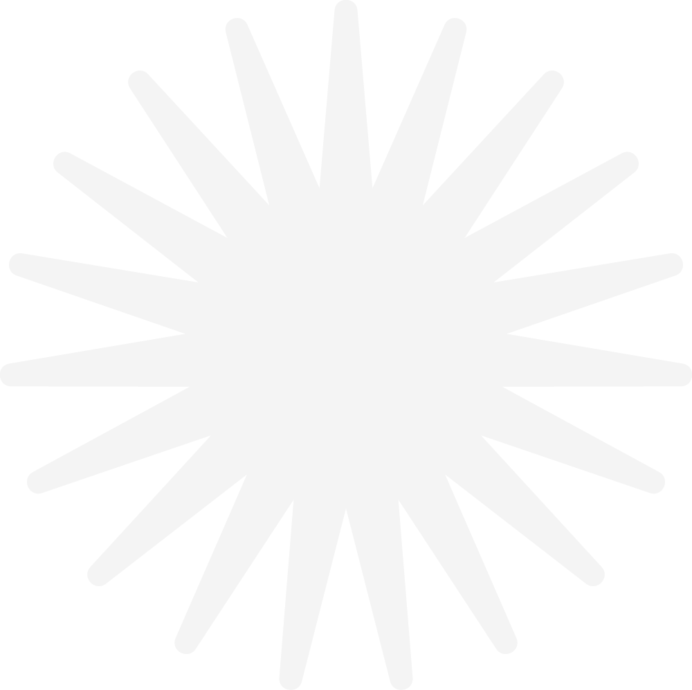 White starburst or sun icon on a dark green background.