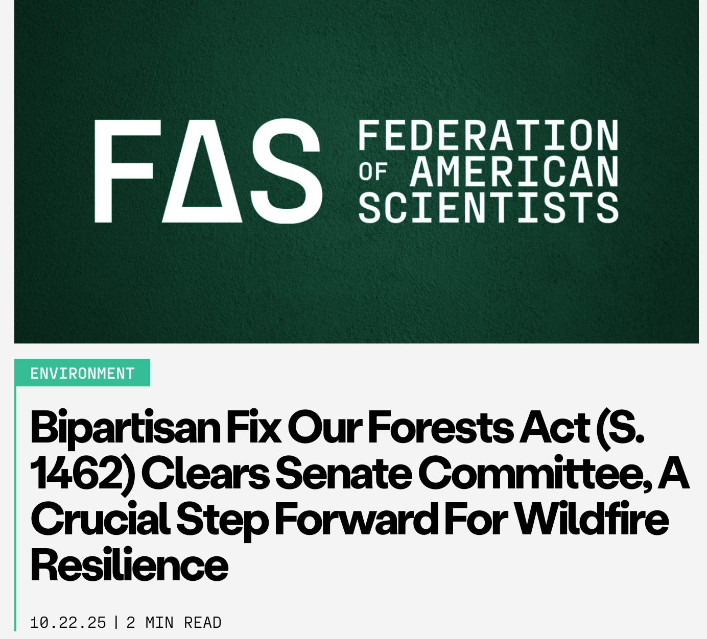 Federation of American Scientists logo and article headline on a wildfire resilience bill.