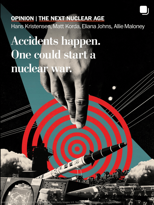 Collage graphic: Hand over target symbol, missile, military gear. Text: "Accidents happen. One could start a nuclear war."