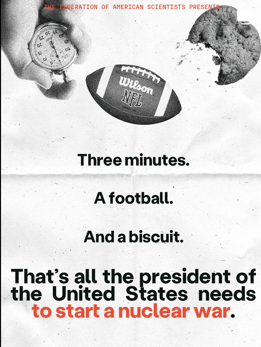 Stopwatch, football, cookie. Text: President needs 3 minutes, football, biscuit to start nuclear war.