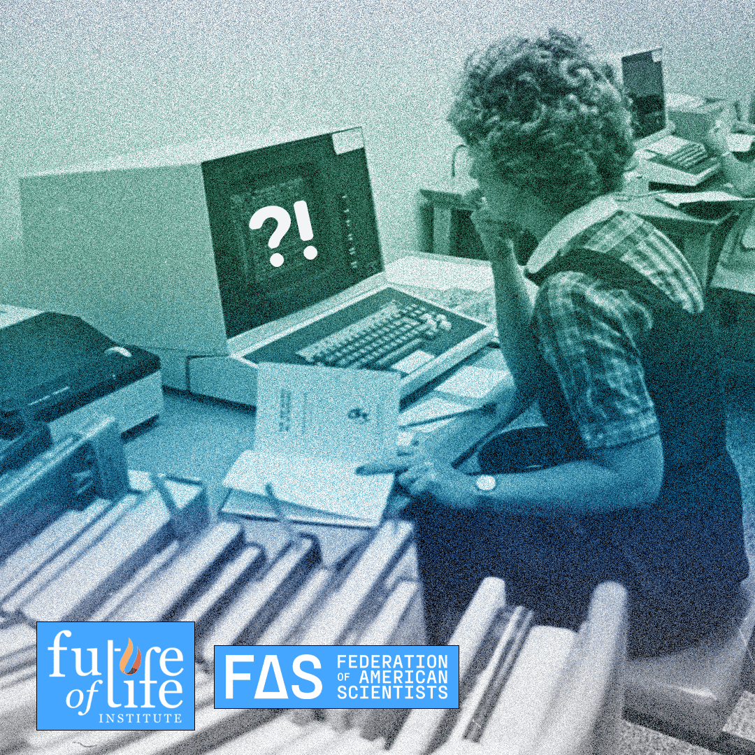 Retro image: Woman looks puzzled at vintage computer showing '?!', reading a document. FLI & FAS logos.