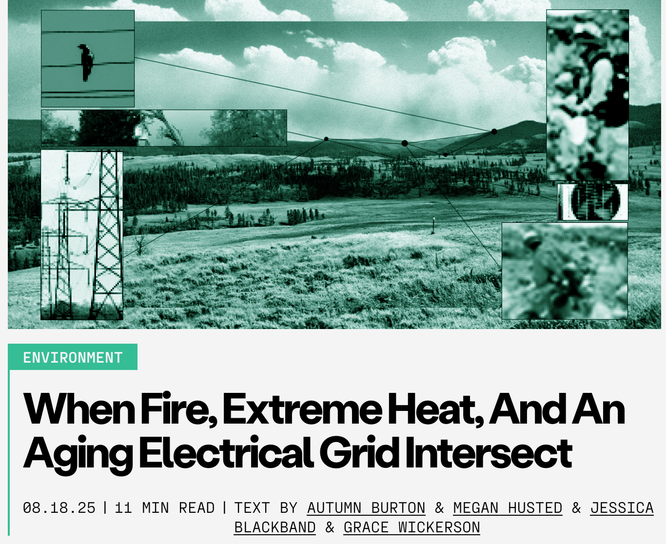 Teal landscape with power lines, pylon, and pixelated elements, visualizing electrical grid risks.