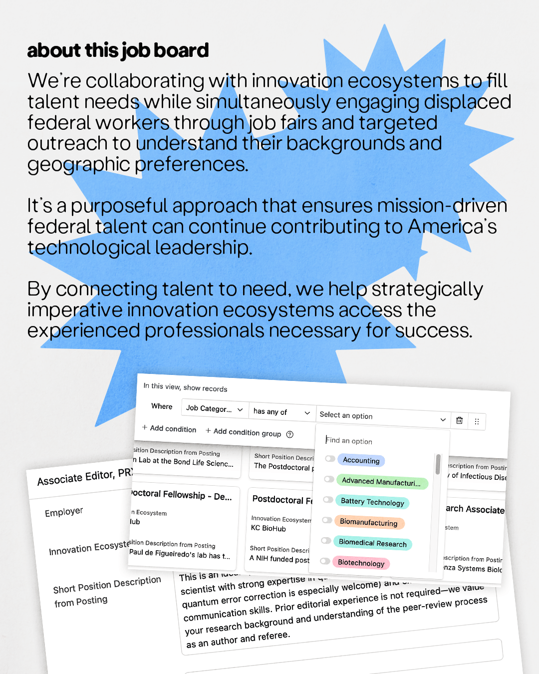 Text explaining a job board's mission, partially covered by a screenshot of job listings and filters.