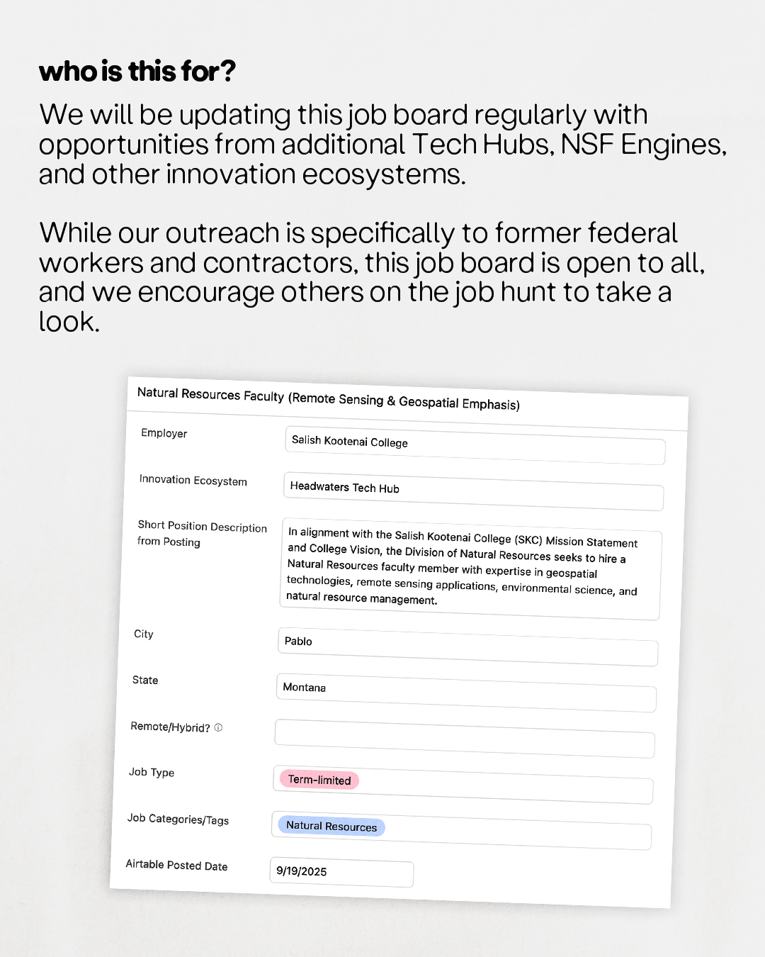 Text about job board audience & an example job posting for "Natural Resources Faculty".