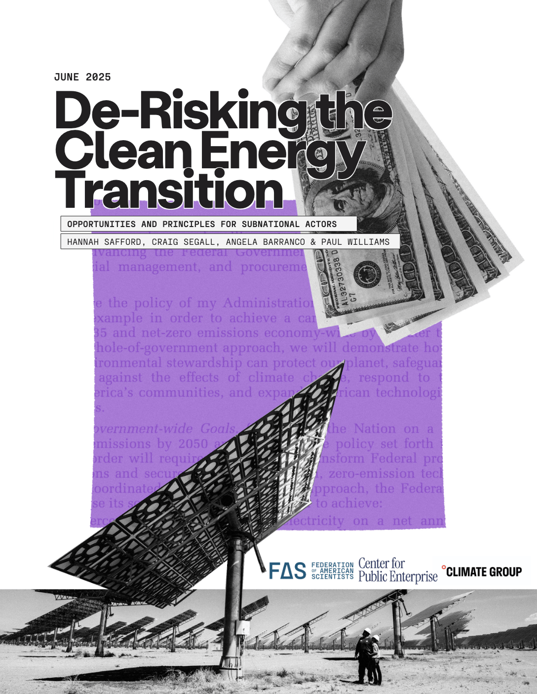 Hand holding money above solar panels in a field, with title "De-Risking the Clean Energy Transition."