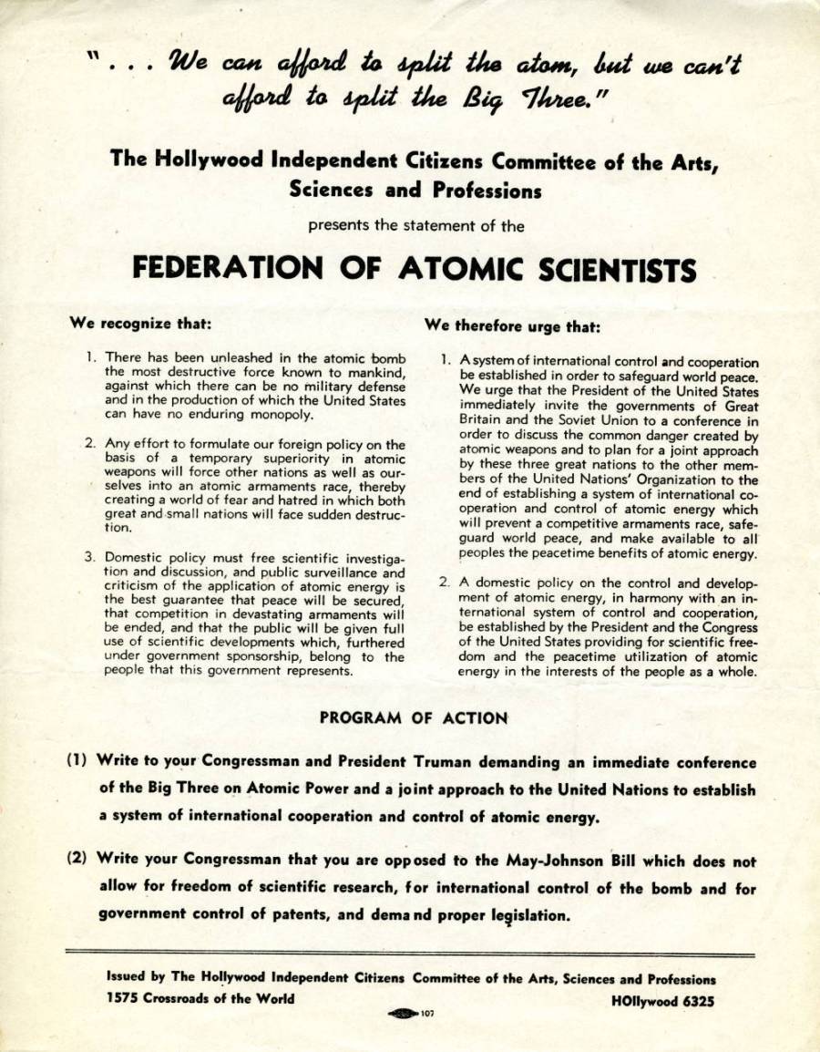 Hollywood committee presents Federation of Atomic Scientists' call for atomic energy control.