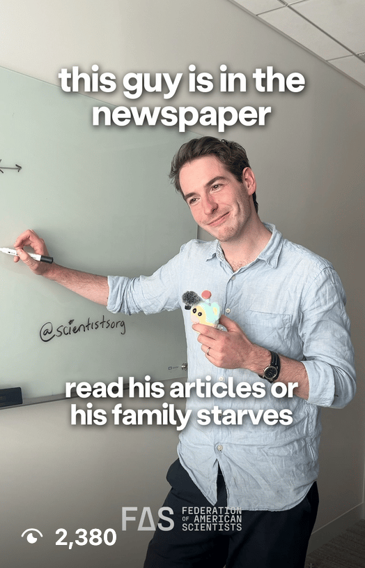 Man smiling and writing on a whiteboard. Text: "read his articles or his family starves." FAS logo.