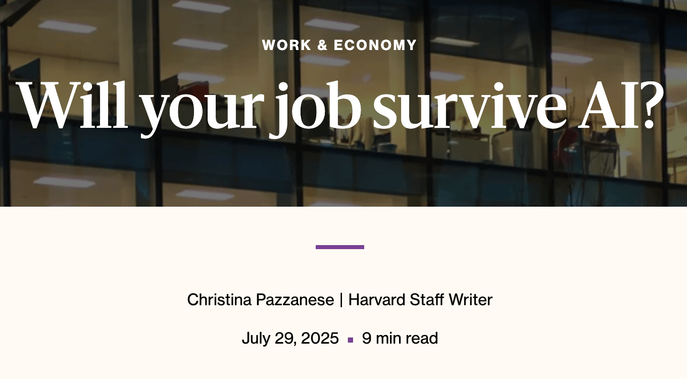 Text: "Will your job survive AI?" over an office building, with author and date.