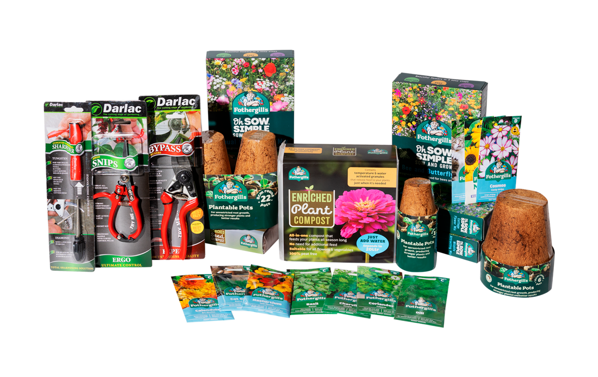 A variety of Darlac gardening tools, Fothergill's seeds, plantable pots, and compost for gardening.