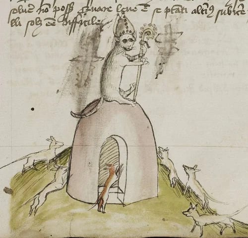 A medieval illustration: a monkey bishop on a hut, with a crozier, surrounded by fox-like animals.