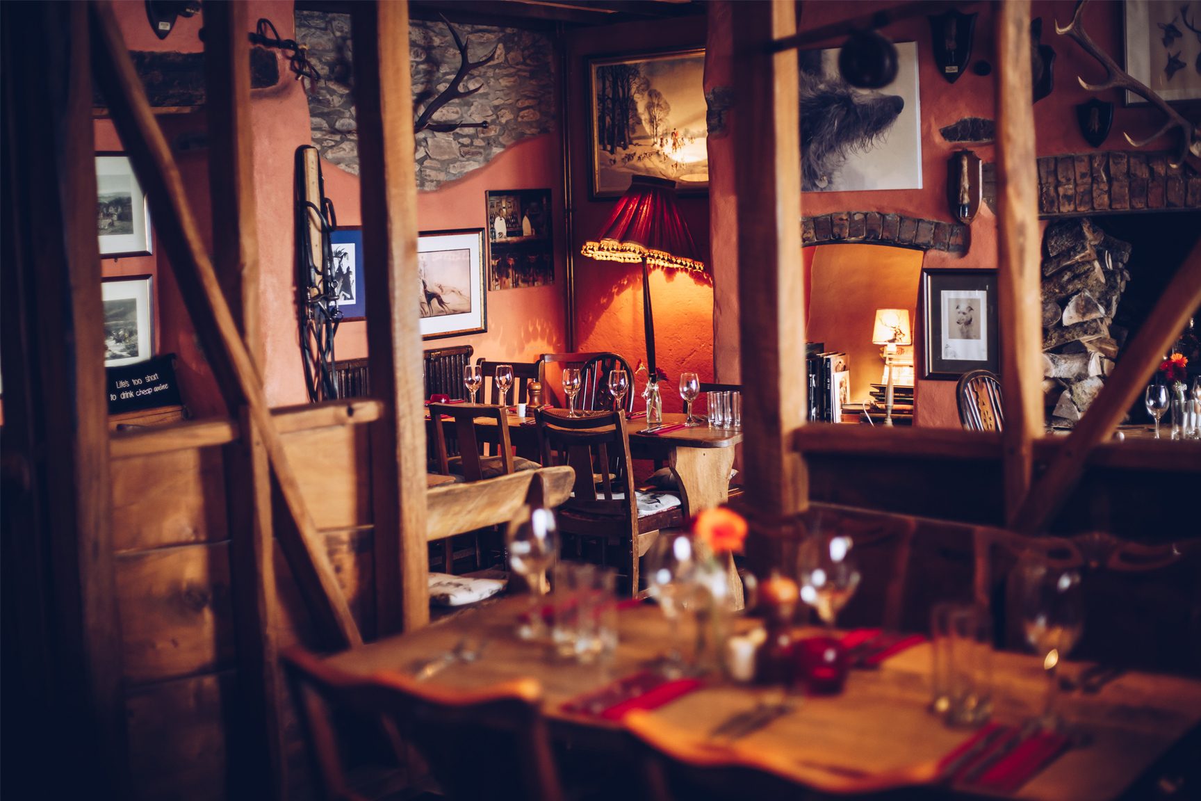 Interior design, Wood stain, Furniture, Lighting, Chair, Table, Restaurant, Room, Ceiling