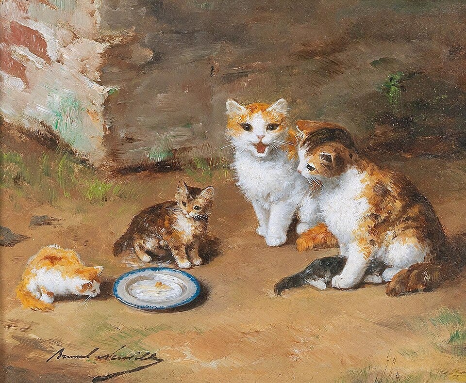 An oil painting of four cats, some with food and a mouse, against a rustic background.