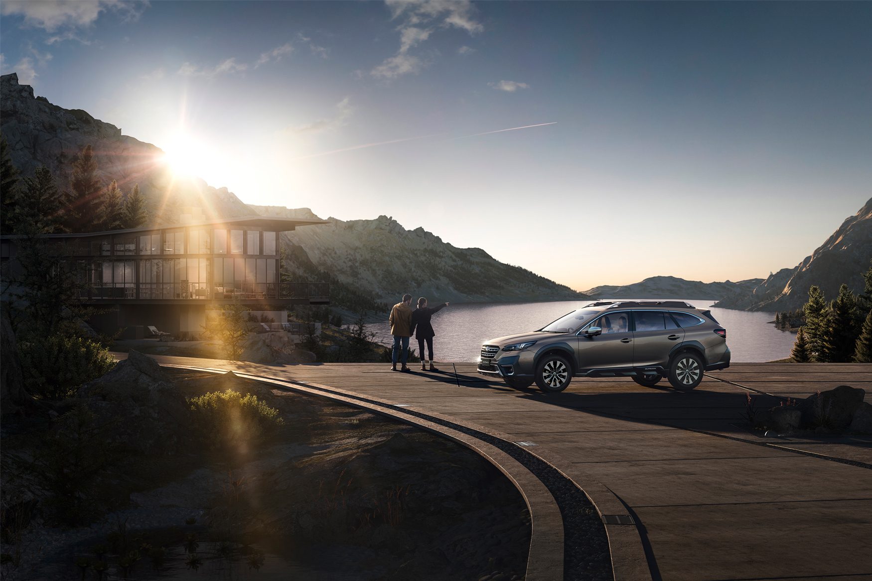 Subaru Outback, modern house, couple overlooking a lake and mountains at sunrise.