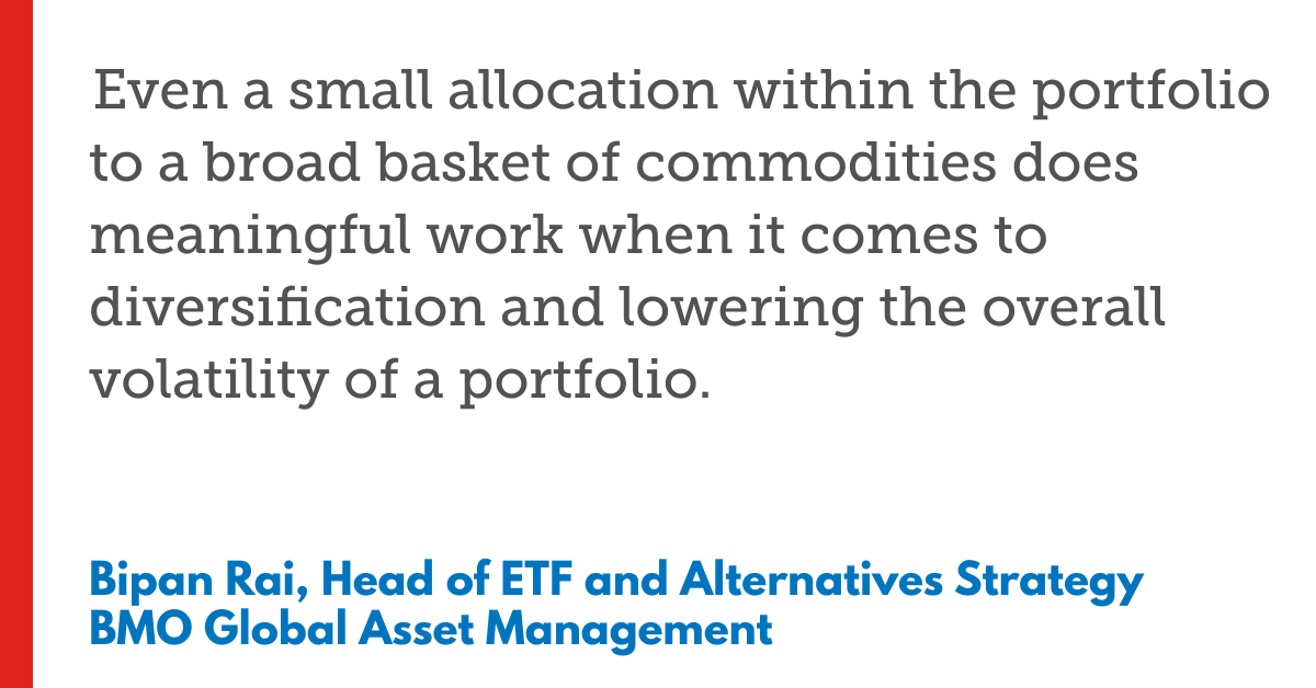 Quote about allocating to commodities for diversification and lowering portfolio volatility.