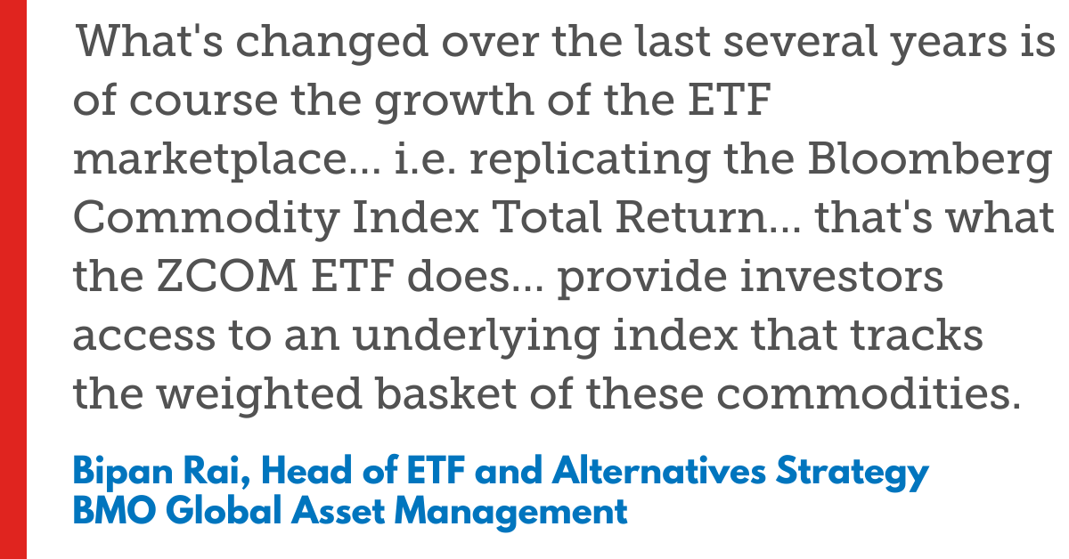 Text about the growth of the ETF marketplace, ZCOM ETF, and Bloomberg Commodity Index, with Bipan Rai's details.