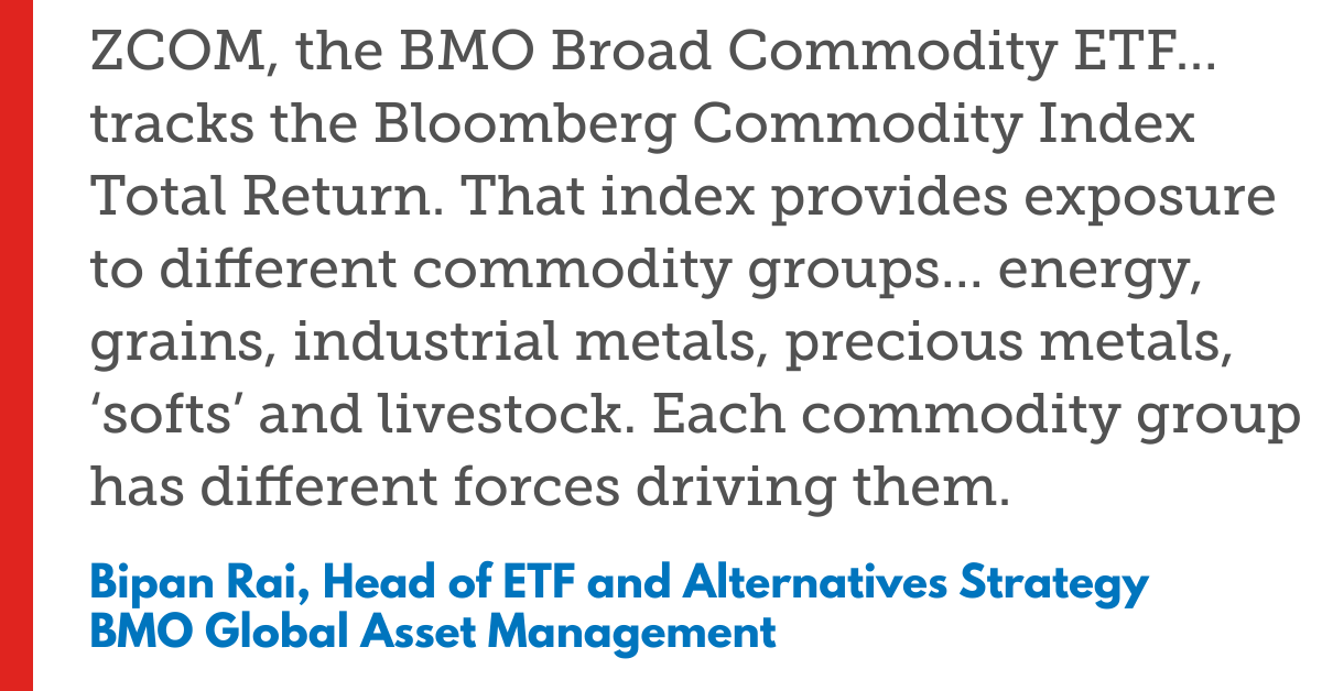 Text describing ZCOM ETF, tracking Bloomberg Commodity Index, covering energy, grains, metals, 'softs', and livestock.