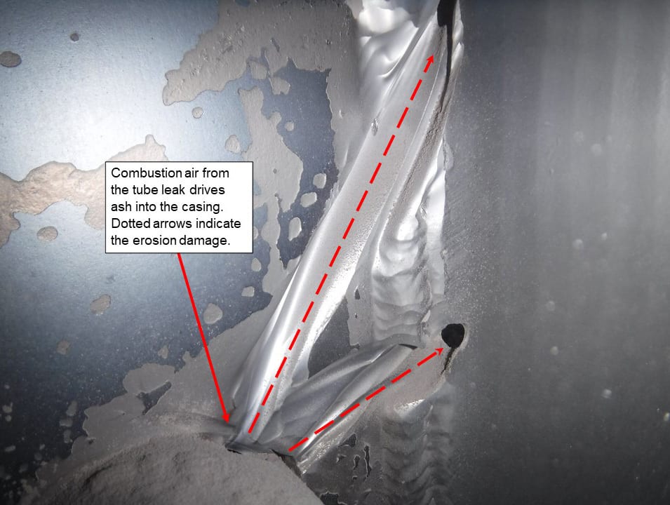 Tube air leaks drive ash into air heater components, causing erosion damage as shown here to the casing.