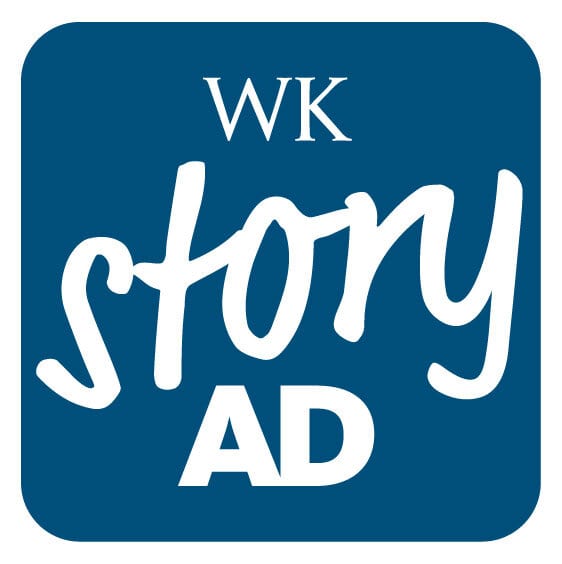 Blue rounded square logo with white text: WK, story, AD.