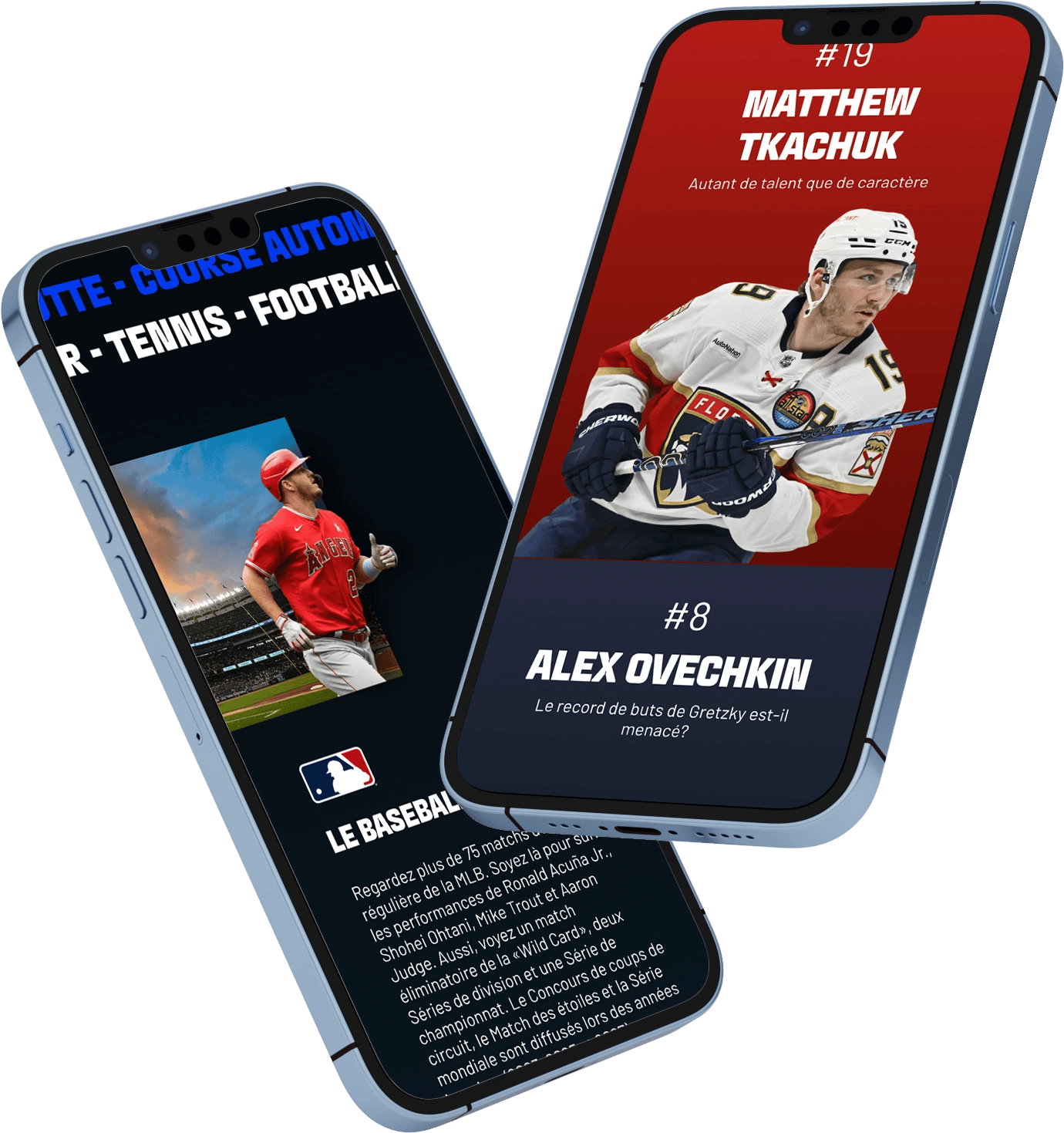 Two smartphones display sports content, featuring a baseball player and hockey stars Matthew Tkachuk and Alex Ovechkin.