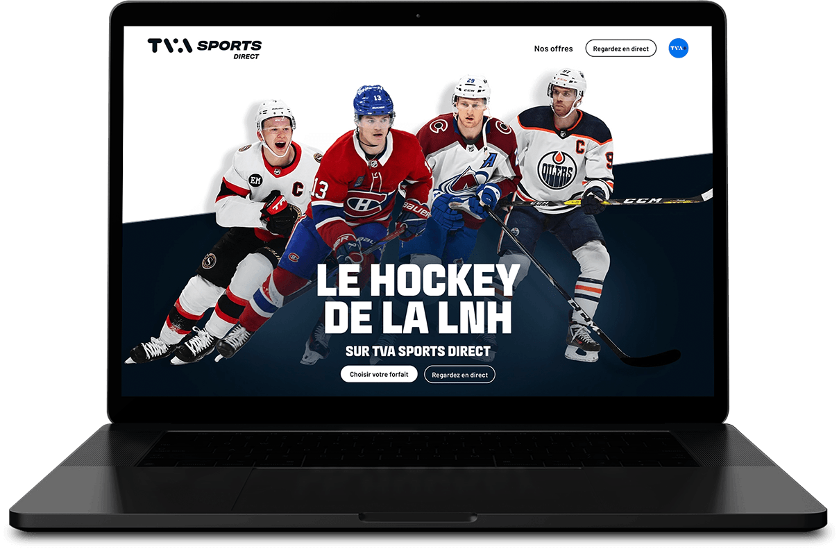 Laptop displaying TVA Sports Direct homepage with four NHL hockey players and 'LE HOCKEY DE LA LNH' title.