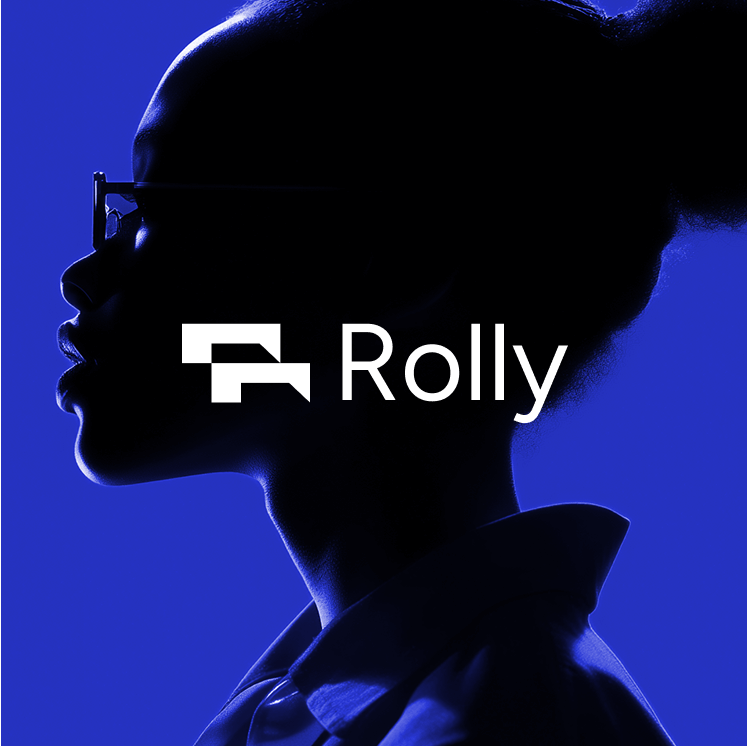 Silhouette of a woman with glasses on a blue background, featuring the "Rolly" logo.