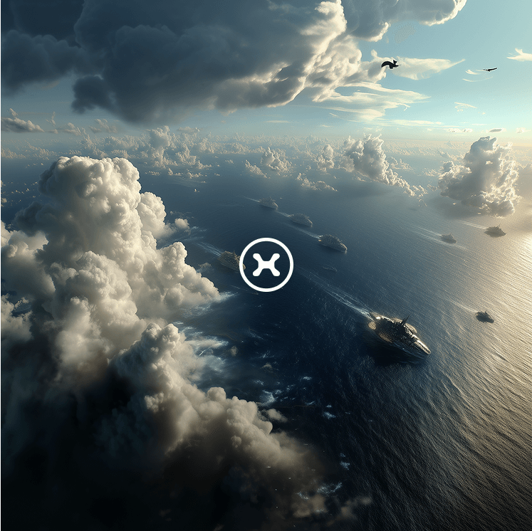 Vast ocean with ships, clouds, and birds from above. White logo.