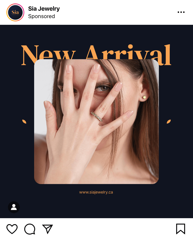 Sia Jewelry new arrival ad: Woman models a ring and stud earring.