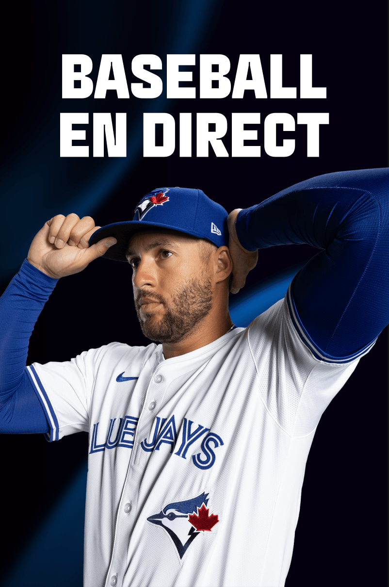 Baseball player in a Blue Jays uniform holding his cap, with 'BASEBALL EN DIRECT' text above.