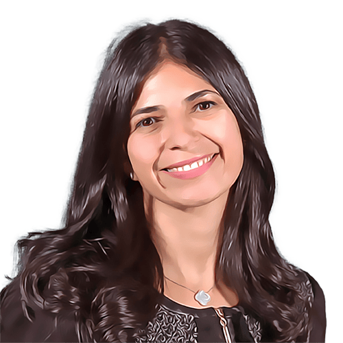 A smiling woman with long dark hair, wearing a dark top and a necklace.