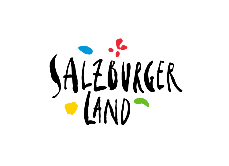 Logo for SalzburgerLand with brushstroke style text and colorful abstract shapes on a white background.