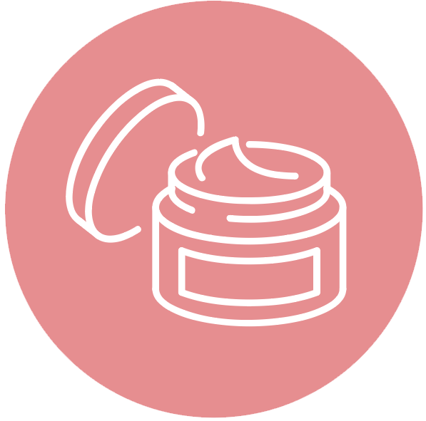 Outline icon of an open jar of face cream or moisturizer with a lid, set on a pink background.