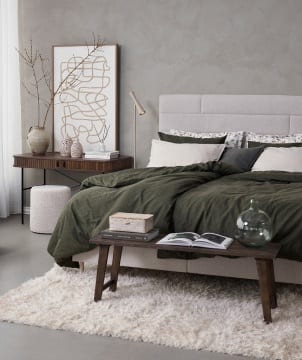 Interior design, Bed frame, Furniture, Comfort, Couch, Wood, Textile, Plant, Grey, Table