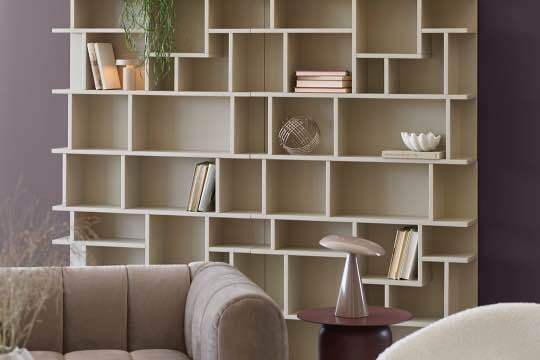 Interior design, Brown, Furniture, Shelf, Shelving, Wood, Beige, Rectangle, Line, Plant
