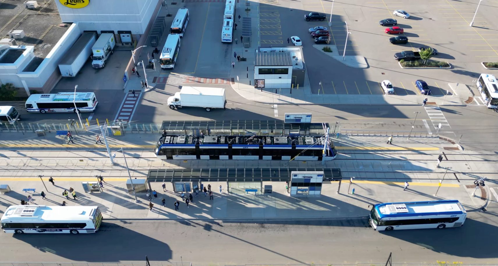 a drone shot of a bus terminal