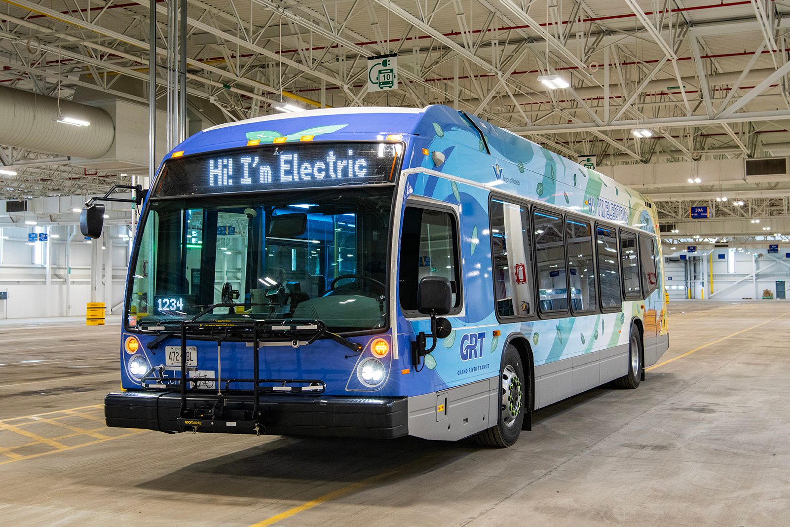 Electric Bus in the Grand River Transit Maintenance facility. 