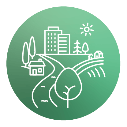 Climate aligned growth icon with trees, buildings, a river, and farms