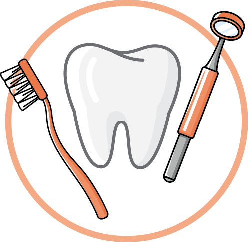 Illustration of a toothbrush, tooth, and dentist's mirror tool.