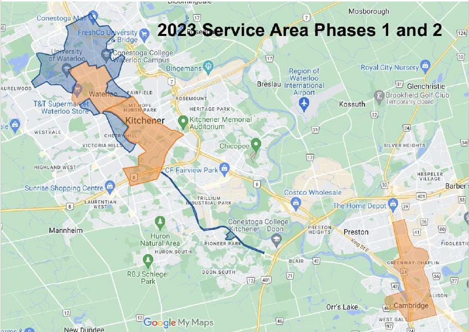 This map shows where e-bikes and e-scooters were made available in Kitchener, Waterloo, and Cambridge. Service will be expanded in North Waterloo, West Kitchener and along Homer Watson to Conestoga College.
