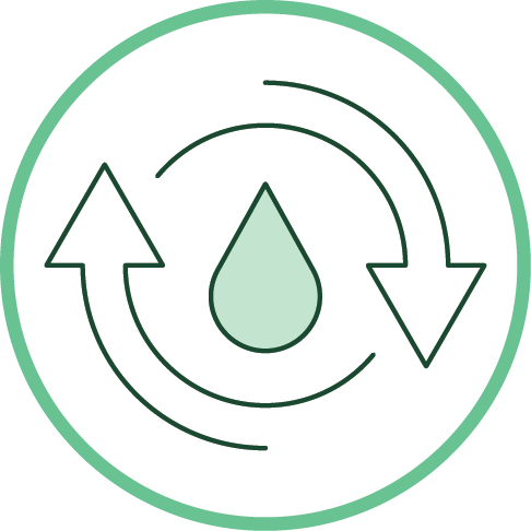 Illustration of a green water droplet surrounded by two curved arrows in a circle..