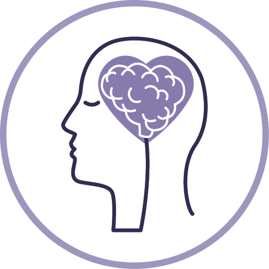 Side view line art illustration of a person's head. Their brain is in the shape of a heart.