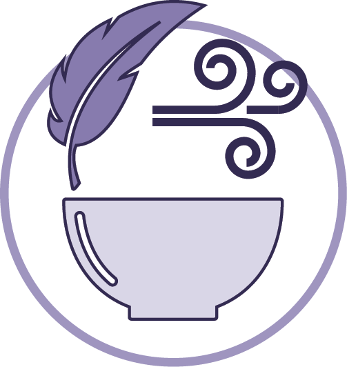 Illustration of smudging with a bowl, feather, and lines to indicate smoke.